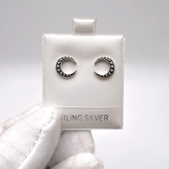 .925 Sterling Silver Crescent Moon Stud Earrings - Picture 3 of 12